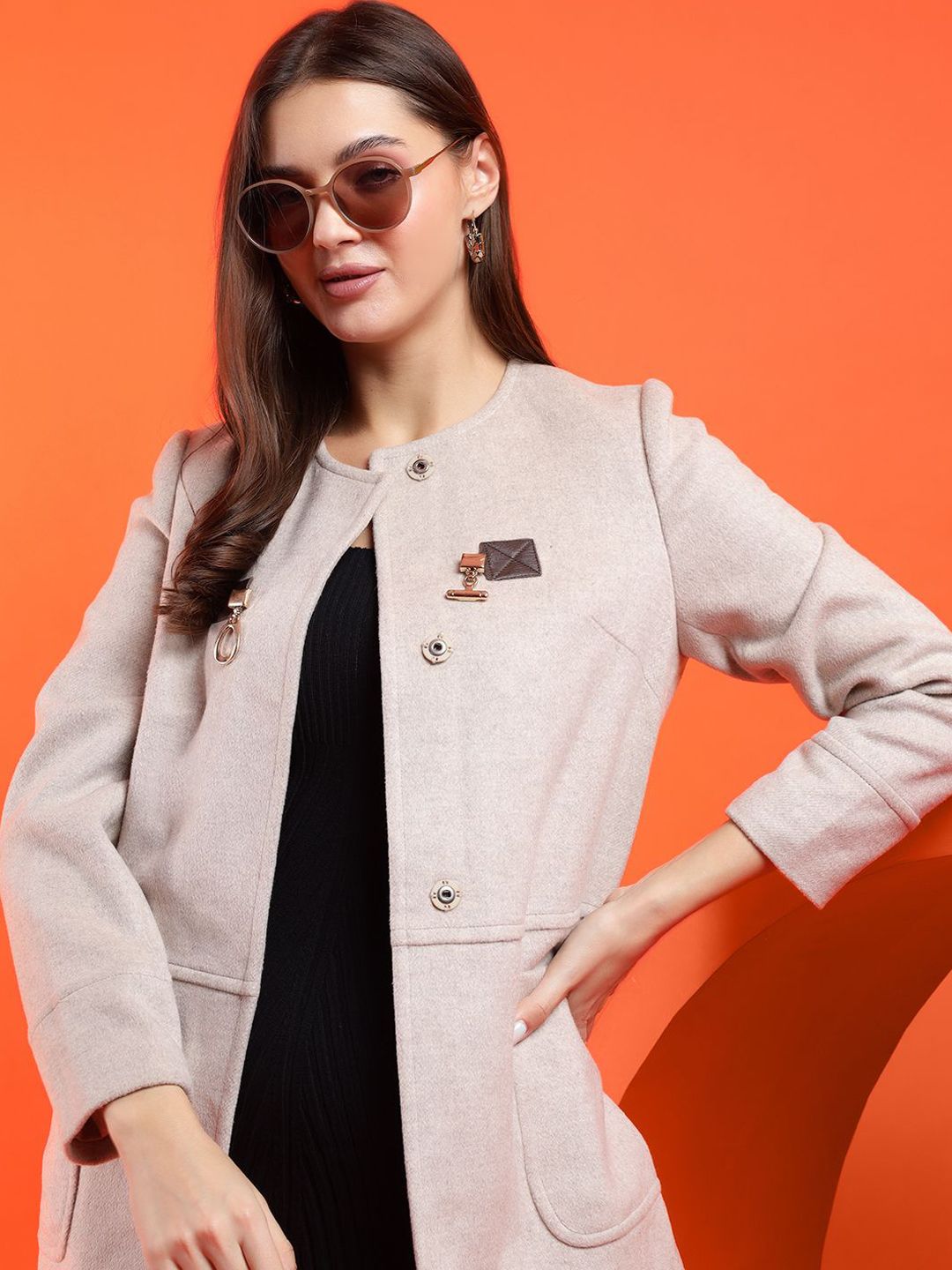 Kotty Women Solid Overcoat with Buckle Detail