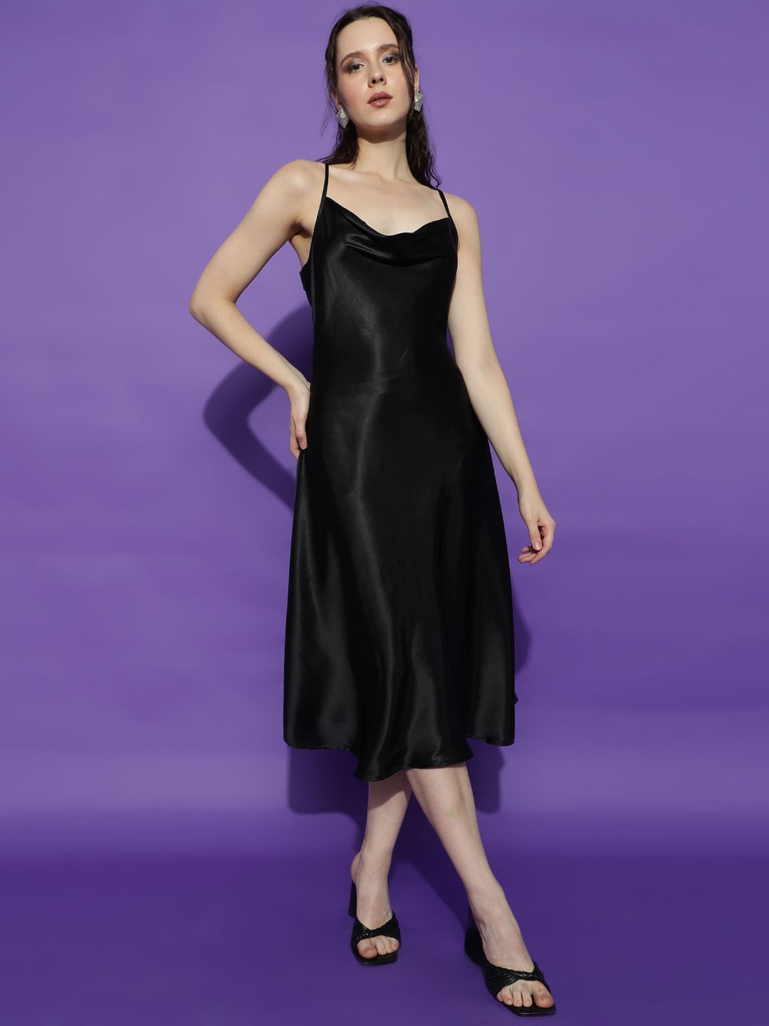 Kotty Women Solid Cowl Neck A-Line Midi Dress