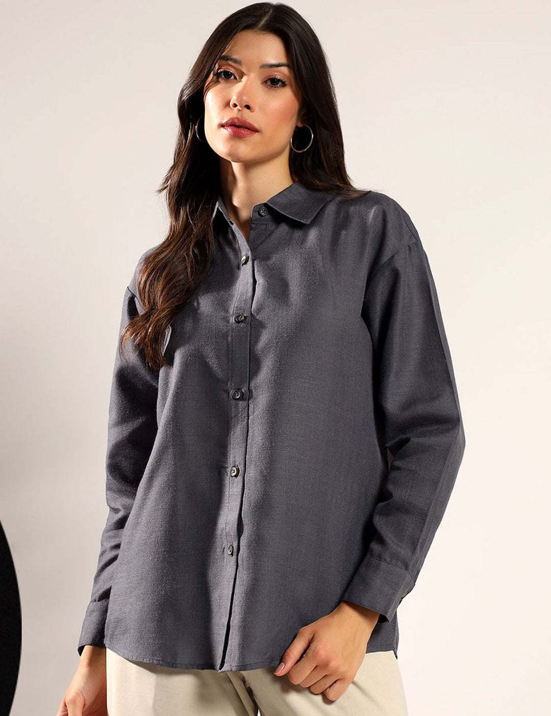 Kotty Women Relaxed Fit Solid Spread Collar Cotton Casual Shirt