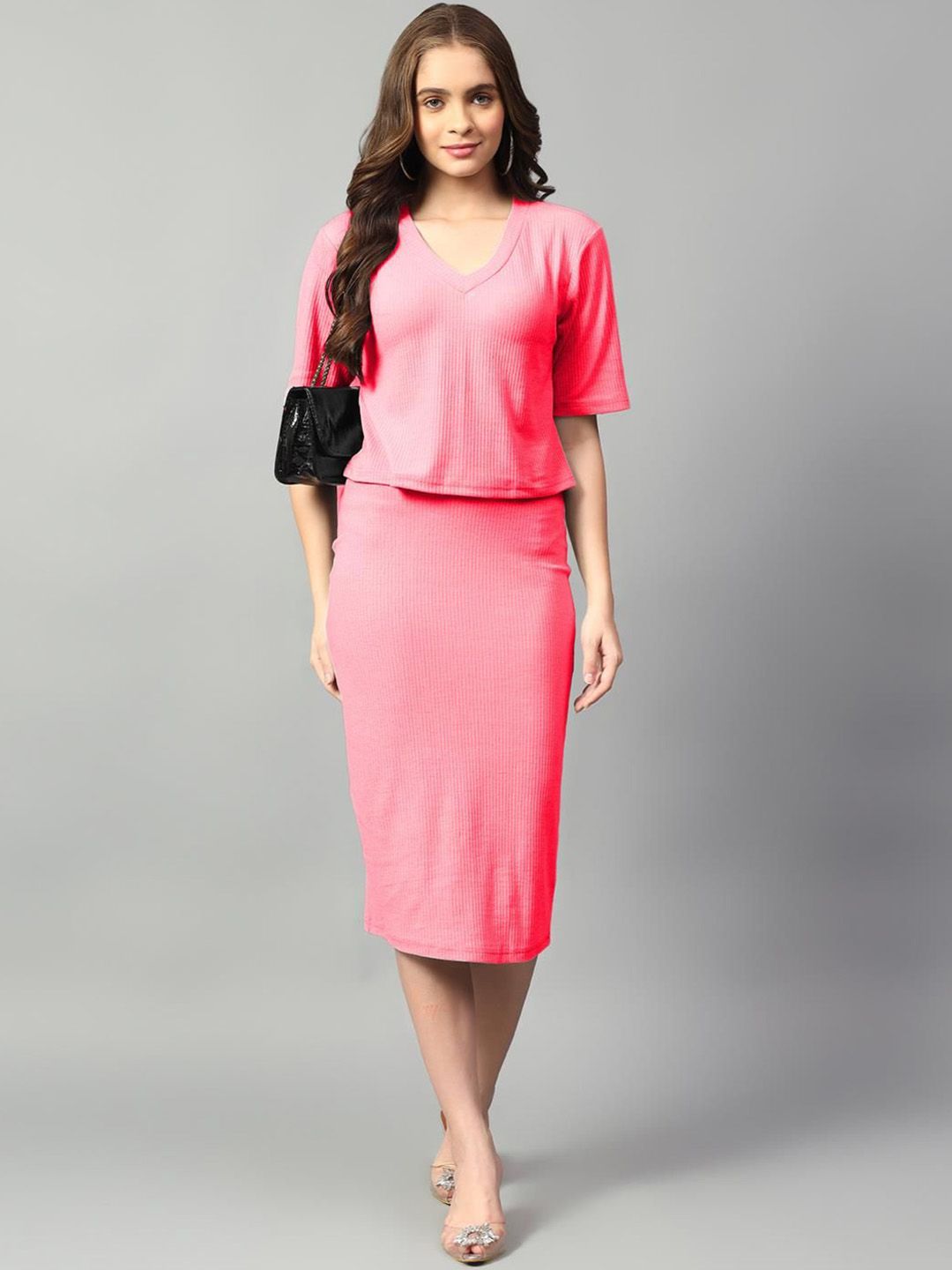 Kotty Pink V-Neck Short Sleeves Top With Skirt 