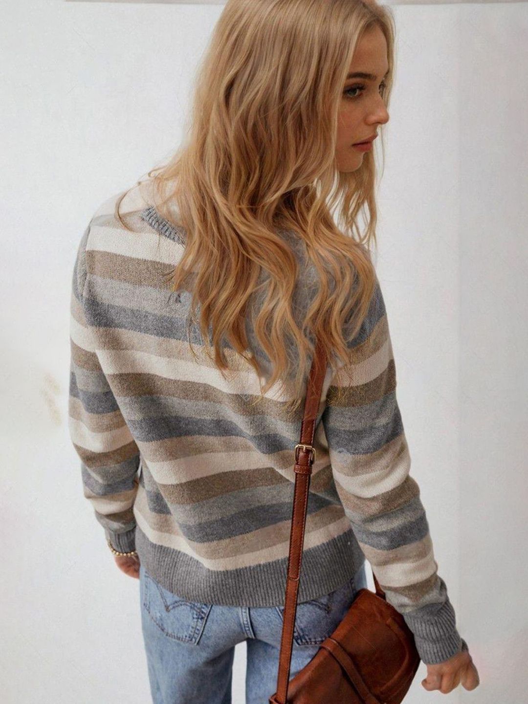 Kotty Women Cotton Striped Round Neck Long Sleeves Pullover Sweaters