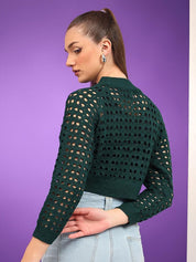 Kotty Women Cotton Self Design Open Knit Crop Pullover Sweaters