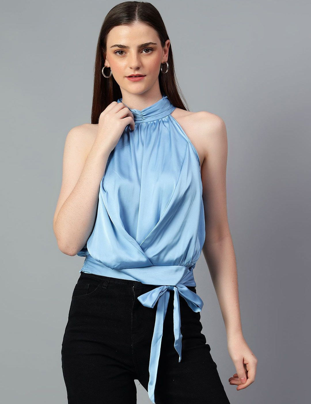 Kotty Women Solid Halter Neck Satin Top