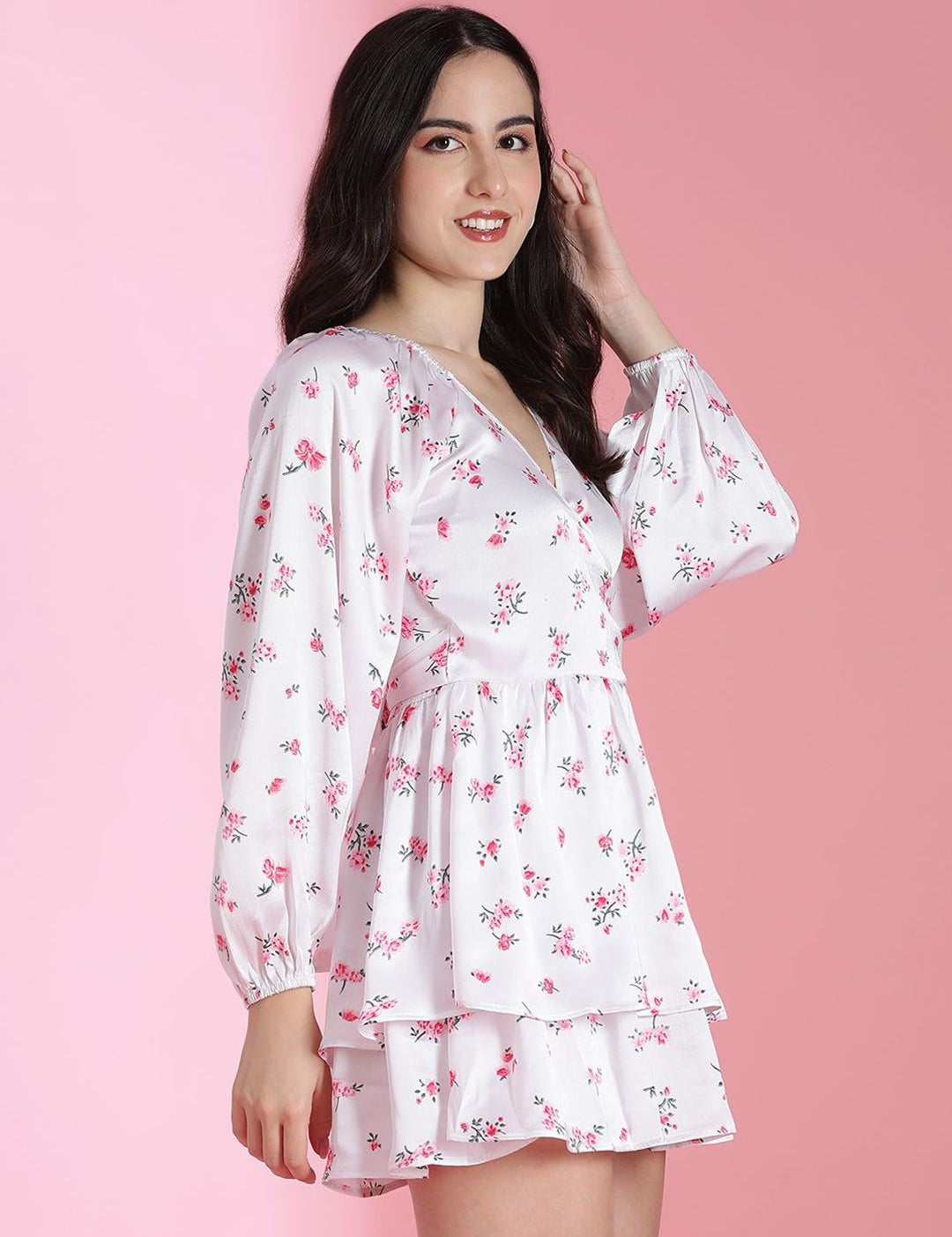 Kotty Floral Printed Puff Sleeve V-Neck Fit & Flare Mini Dress