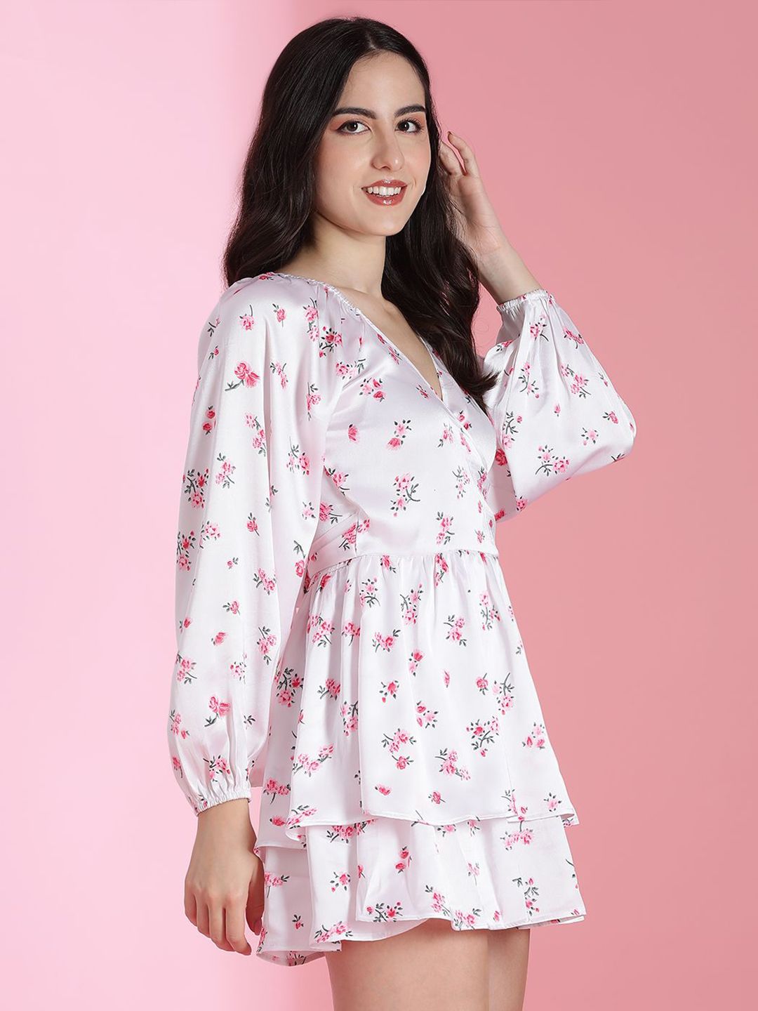 Kotty Floral Printed Puff Sleeve V-Neck Fit & Flare Mini Dress