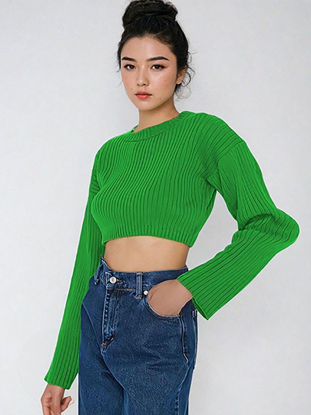 Kotty Women Cotton Solid Round Neck Long Sleeves Crop Pullover