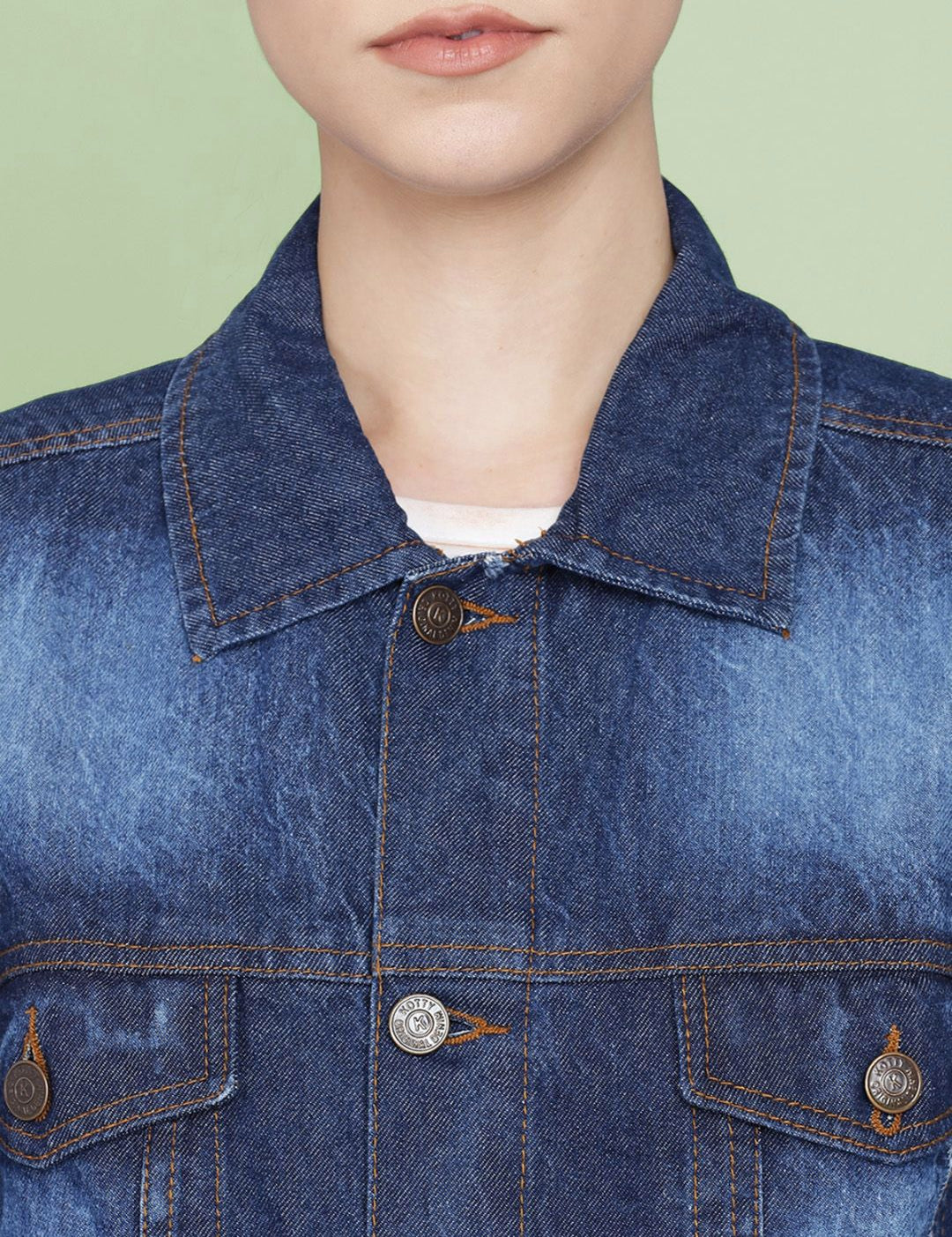 Kotty Women Spread Collar Washed Self Design Cotton Casual Denim Jacket