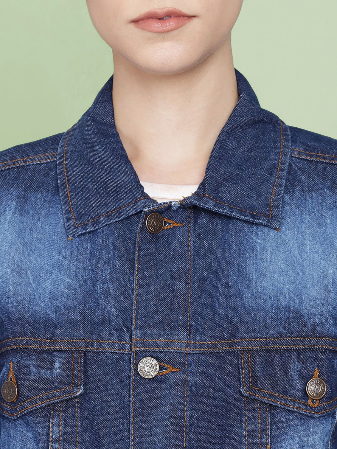 Kotty Women Spread Collar Washed Self Design Cotton Casual Denim Jacket