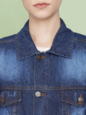 Kotty Women Spread Collar Washed Self Design Cotton Casual Denim Jacket