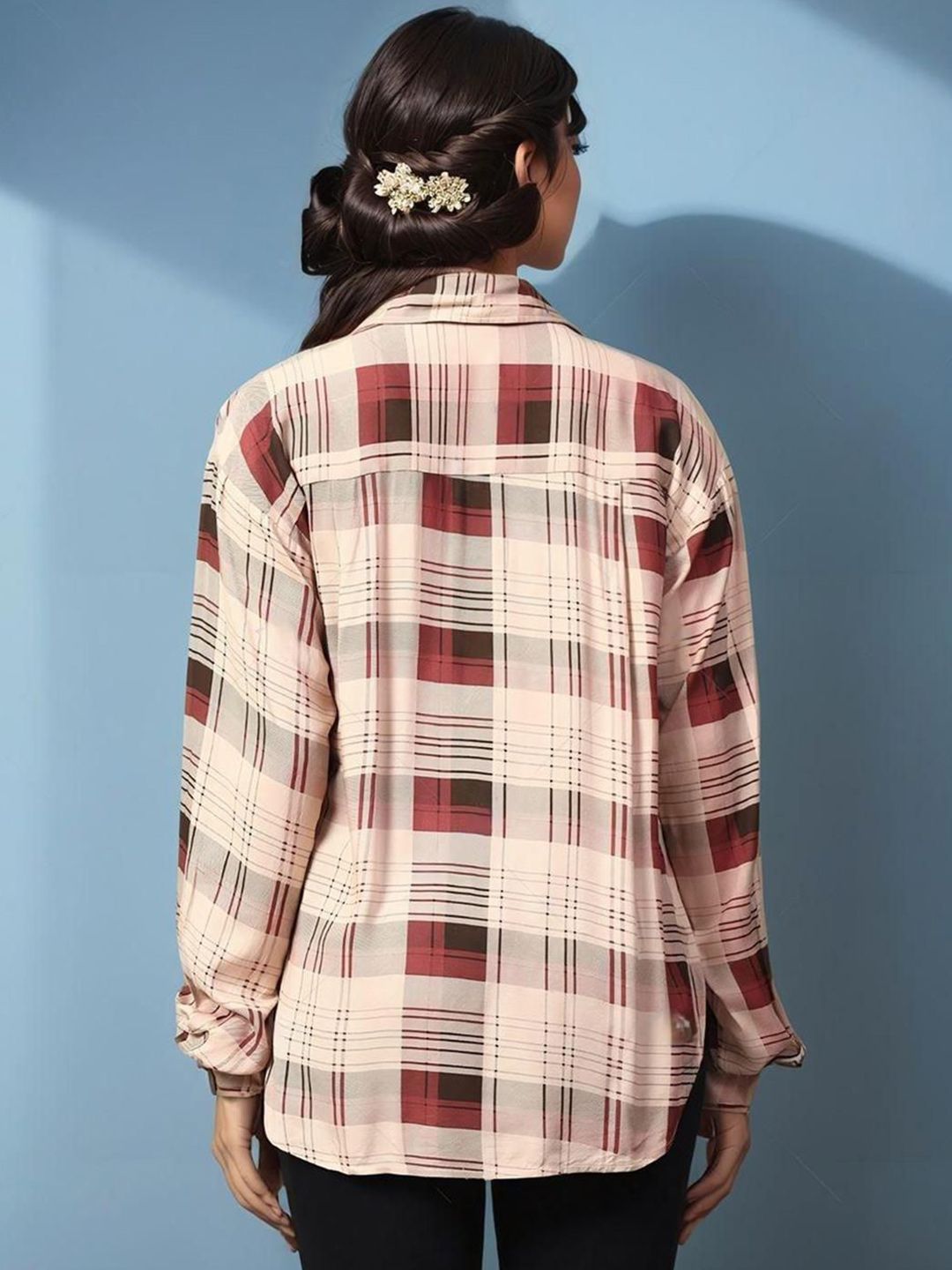 Kotty Women Spread Collar Tartan Checked Cotton Casual Shirt