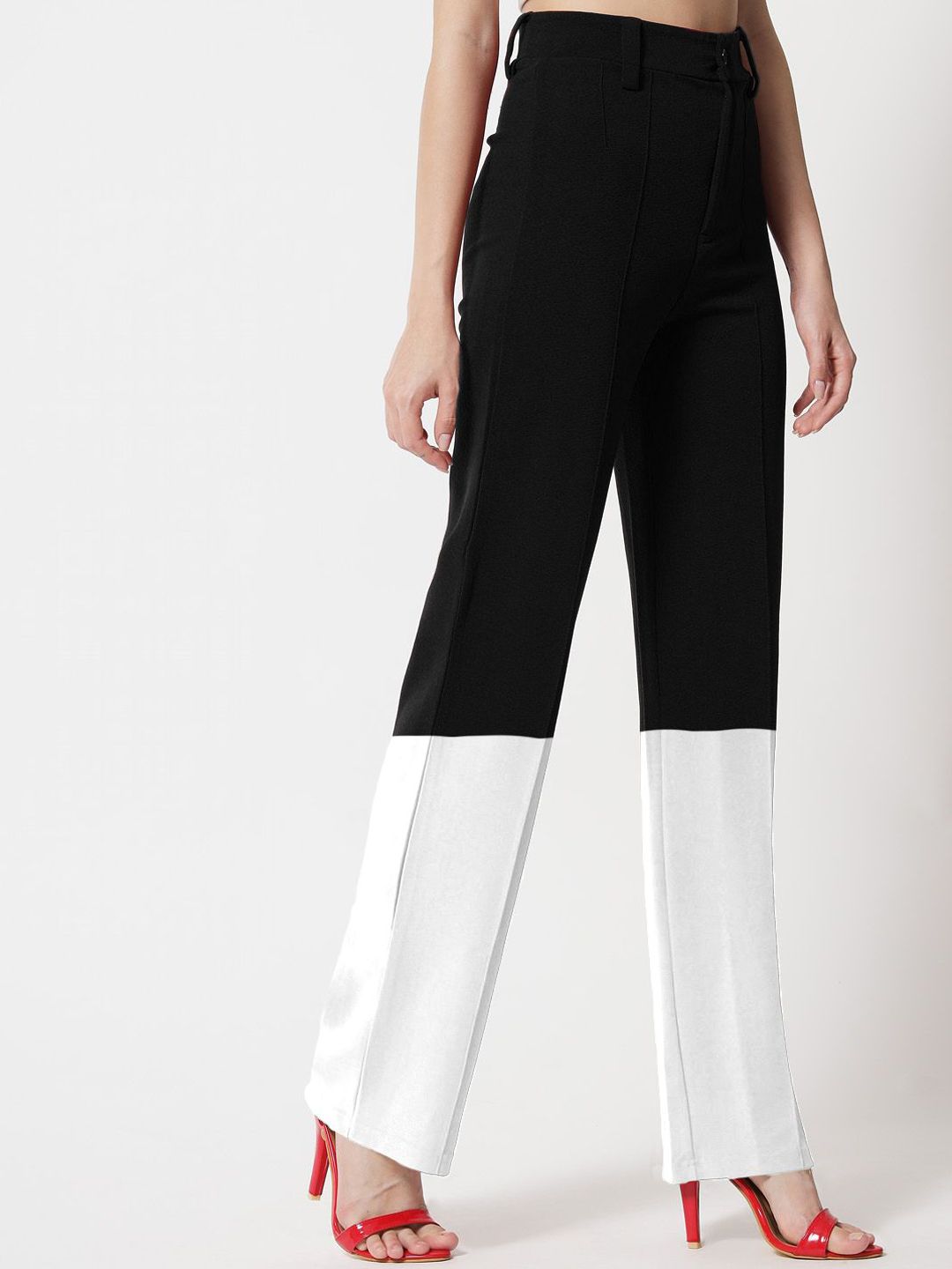 Kotty Women Colourblocked Relaxed Straight Leg Straight Fit High-Rise Easy Wash Trousers
