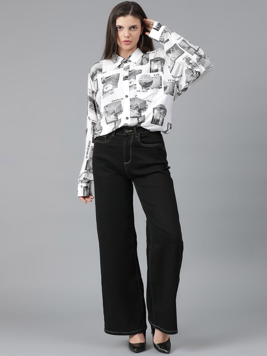Kotty Women Spread Collar Conversational Printed Cotton Oversized Casual Shirt