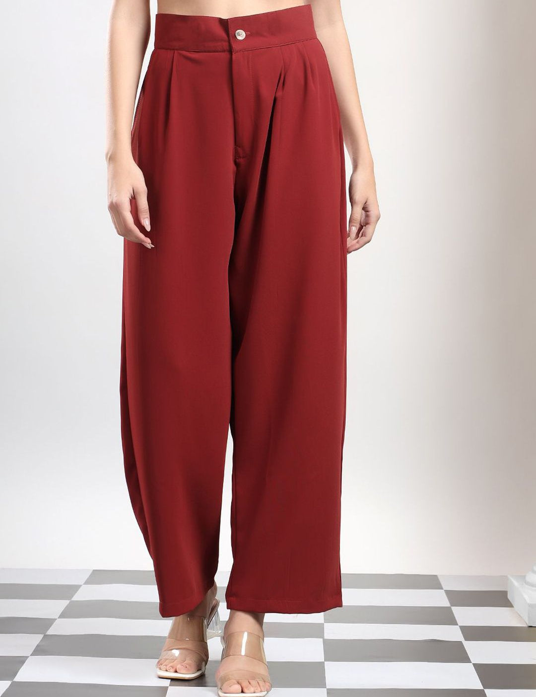 Kotty Women Cherry Red Original High-Rise Easy Wash Pleated Wide Leg Parallel Trousers