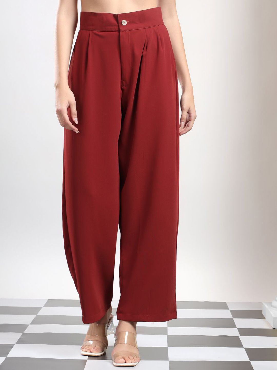 Kotty Women Cherry Red Original High-Rise Easy Wash Pleated Wide Leg Parallel Trousers