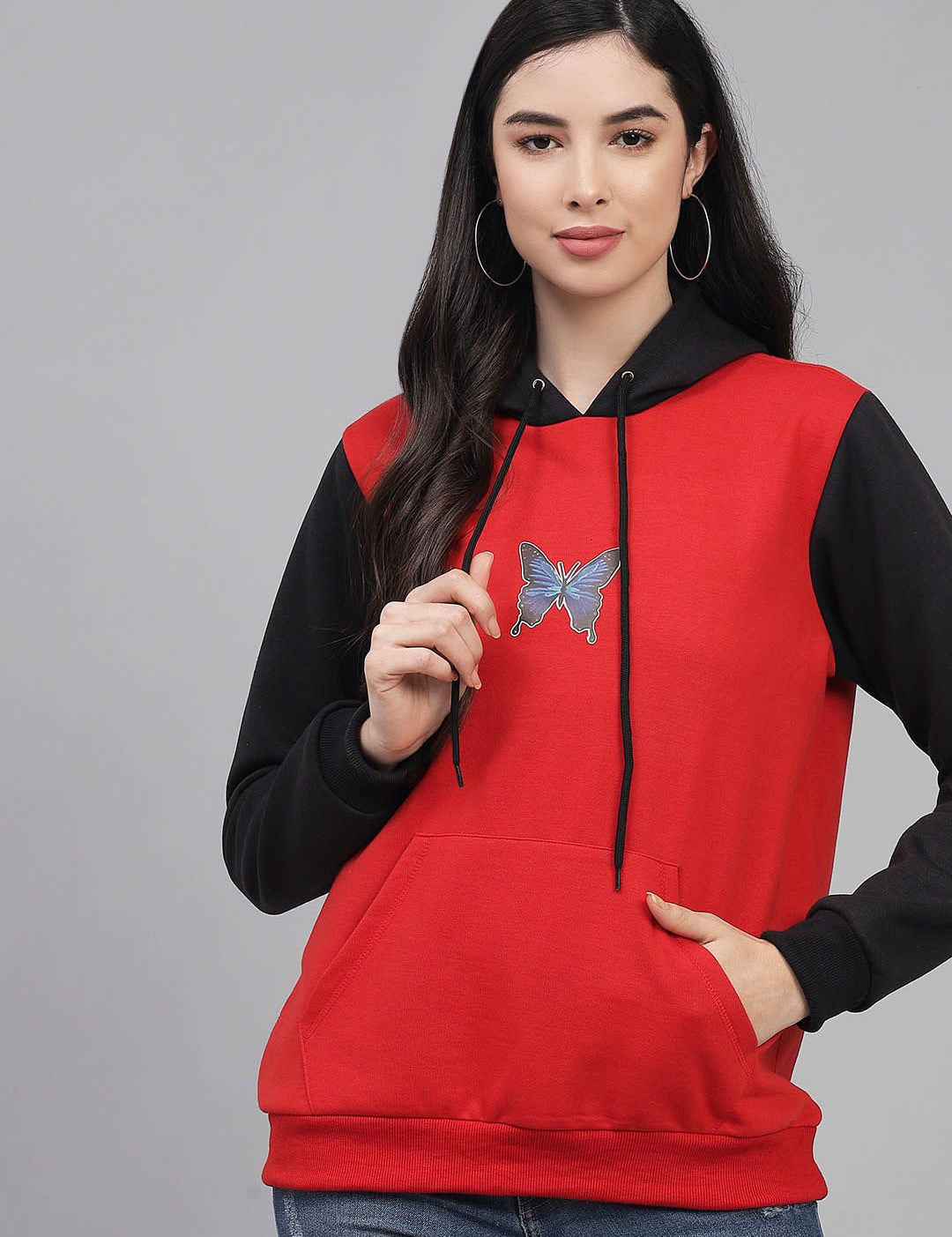 Kotty Women Red & Black Colourblocked Hooded Fleece Sweatshirt