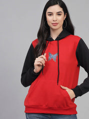 Kotty Women Red & Black Colourblocked Hooded Fleece Sweatshirt