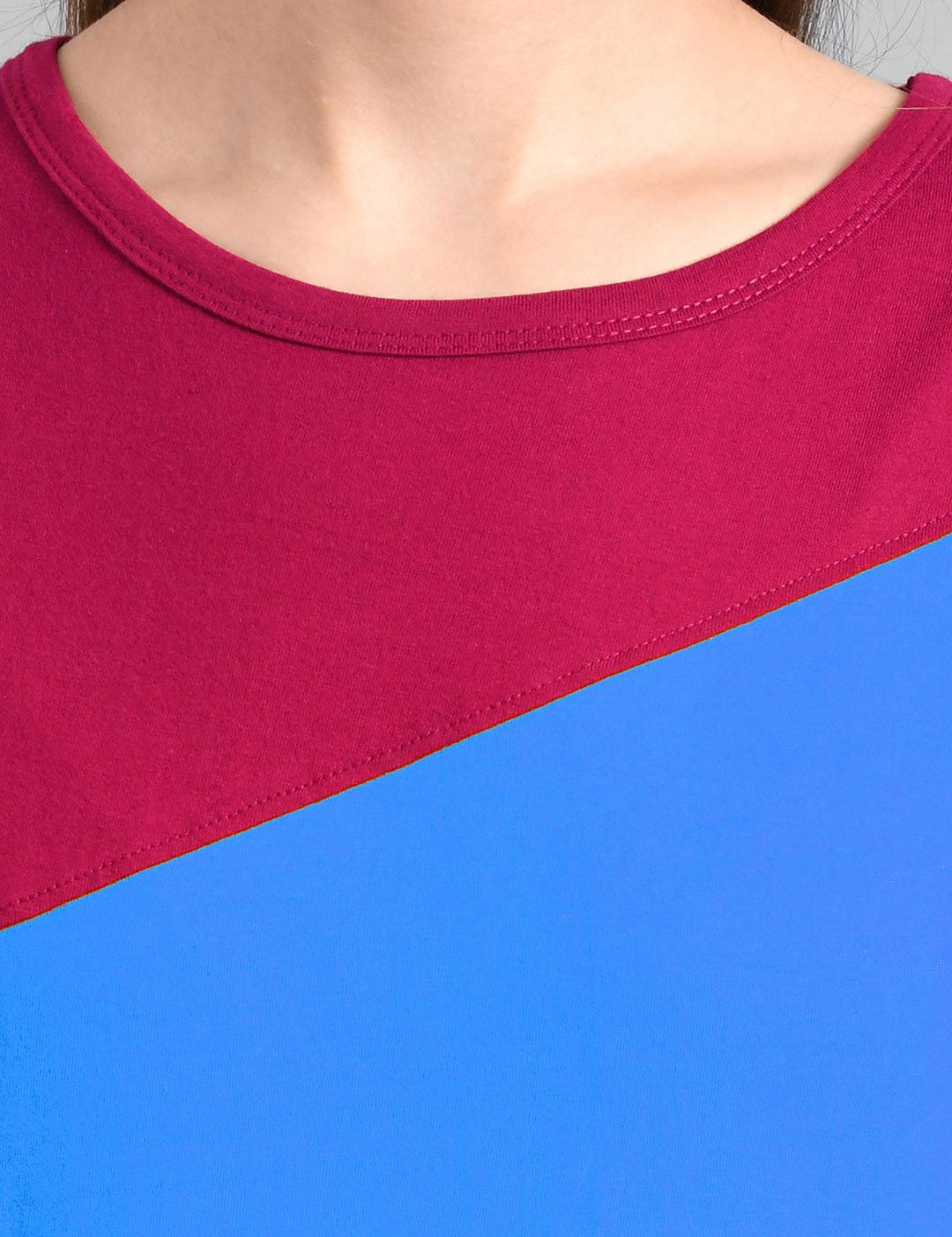 Kotty Women Blue & Maroon Colourblocked Round Neck T-shirt