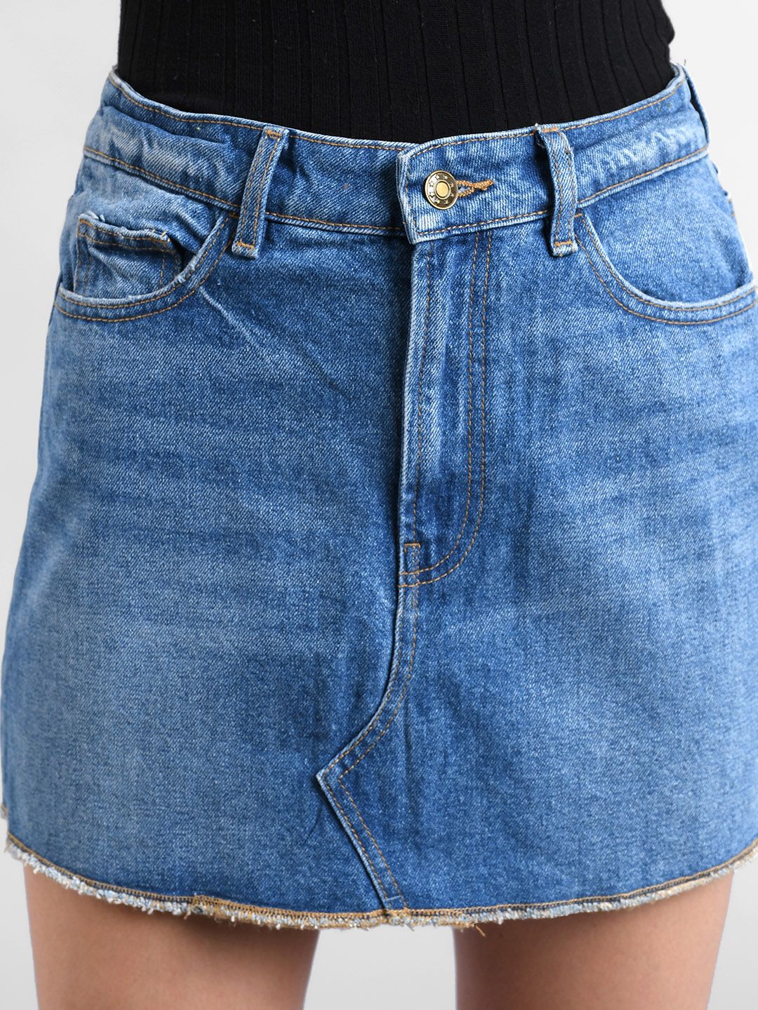 Kotty Women Blue Solid Denim A-Line Mini Skirt