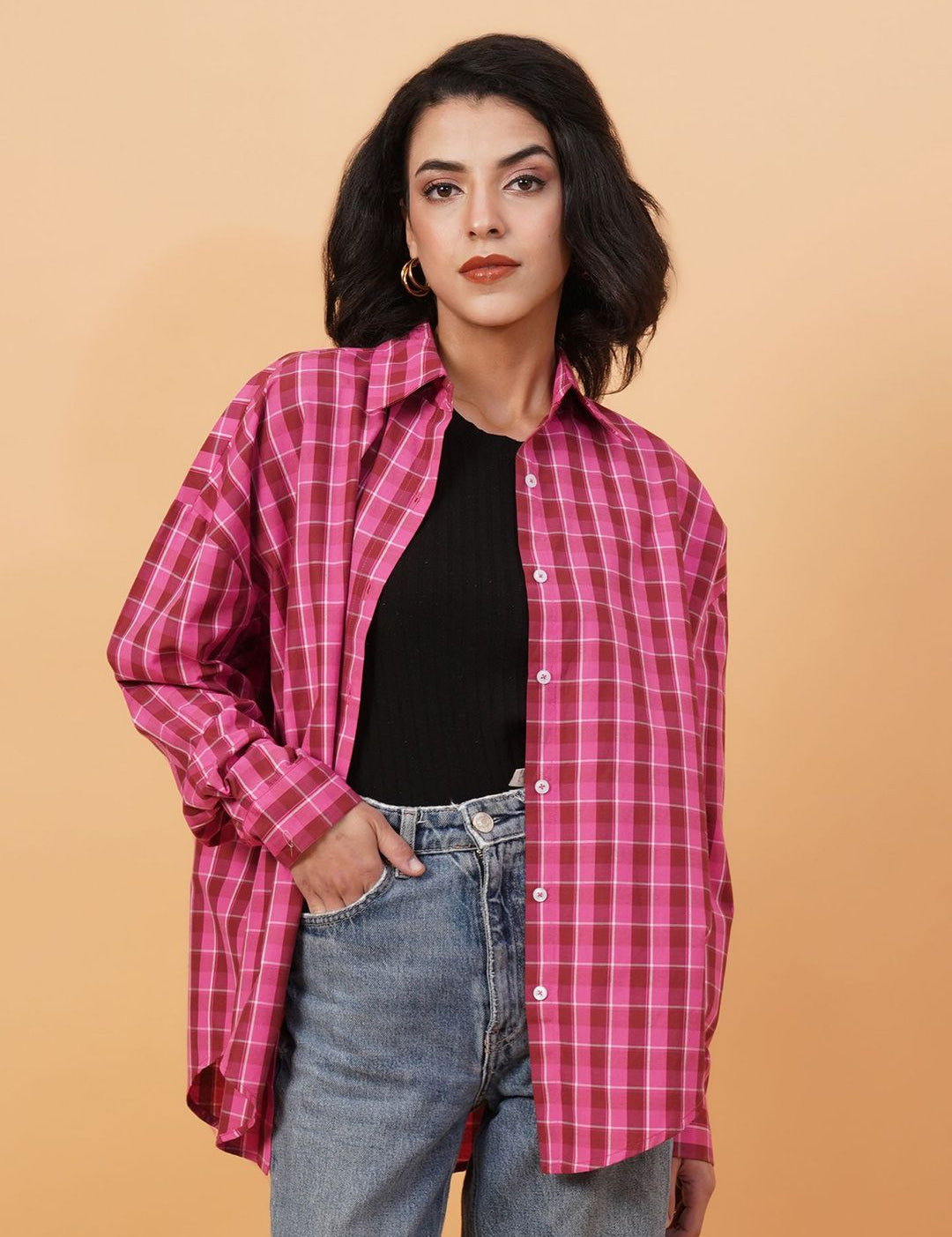 Kotty Checked Spread Corllar Drop-Shoulder Sleeves Longline Shirt