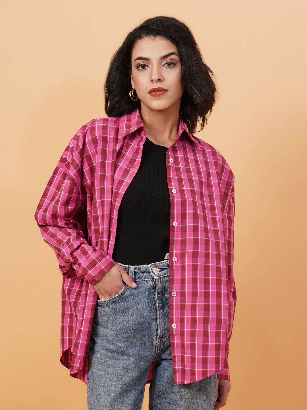 Kotty Checked Spread Corllar Drop-Shoulder Sleeves Longline Shirt