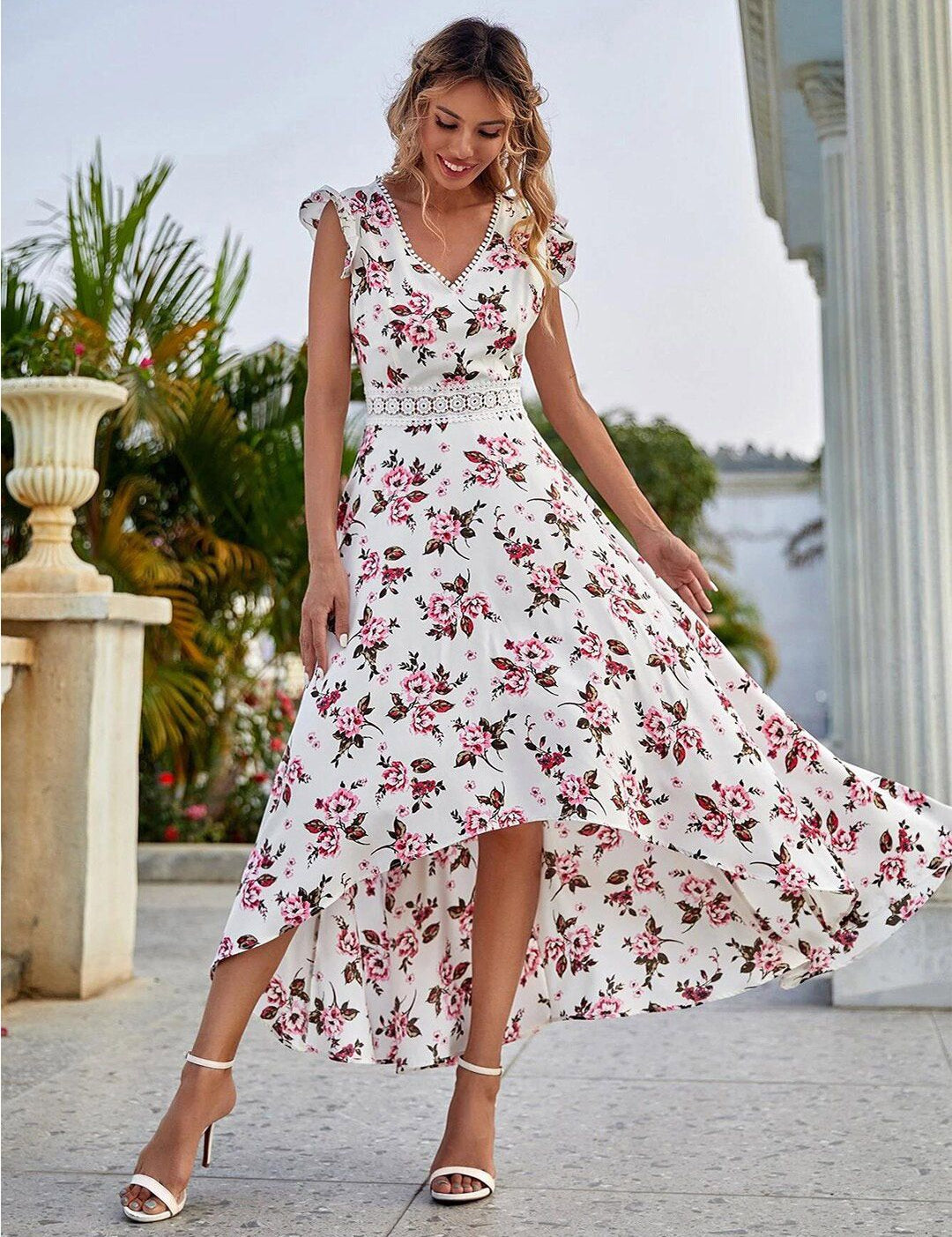 Kotty White & Pink Floral Printed V-Neck High-Low Fit & Flare Midi Dress