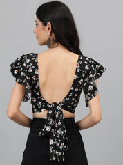 Kotty Black Floral Print Flutter Sleeve Crop Top