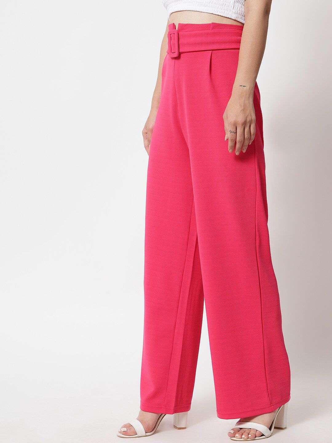 KOTTY BIZwear Women Pink Relaxed Straight Fit High-Rise Easy Wash Trousers