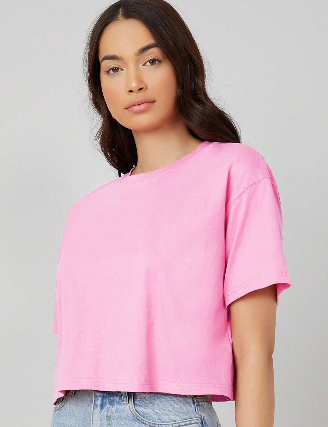 KOTTY Basics Pink Round Neck Drop-Shoulder Sleeves Crop Oversized T-shirt