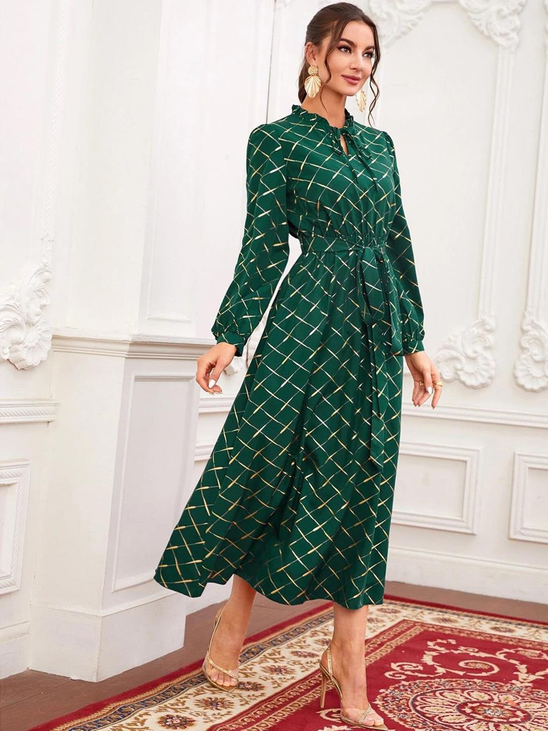 Kotty Green Checked Puff Sleeve Fit & Flare Midi Dress