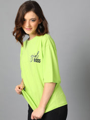 Kotty Green Typography Printed Drop-Shoulder Sleeves Oversized T-shirt