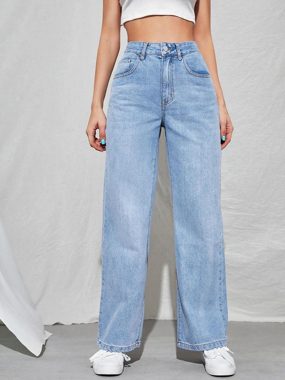 KOTTY Basics Blue Women Jean Straight Fit High-Rise Heavy Fade Stretchable Jeans