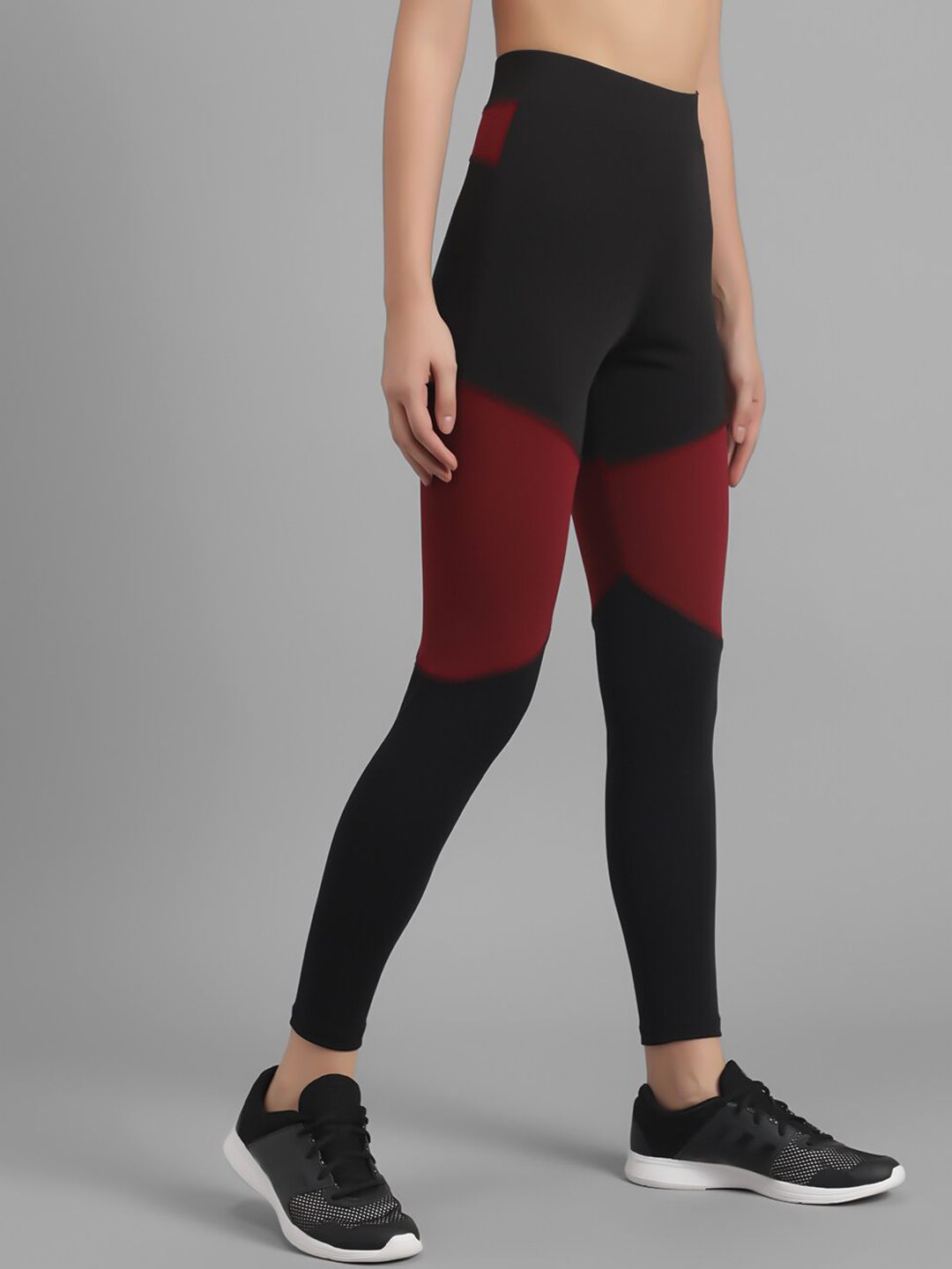 Kotty Women Black & Maroon Colourblocked Ankle-Length Tights