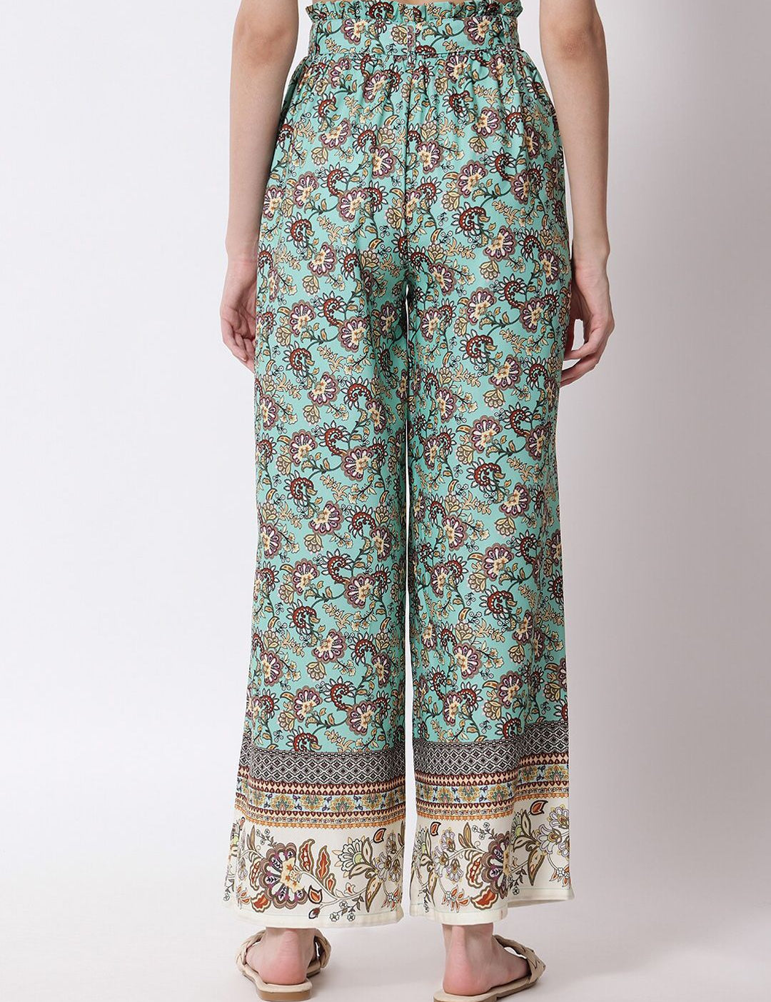 Kotty Women Green and Brown Floral Printed Relaxed Flared High-Rise Trousers