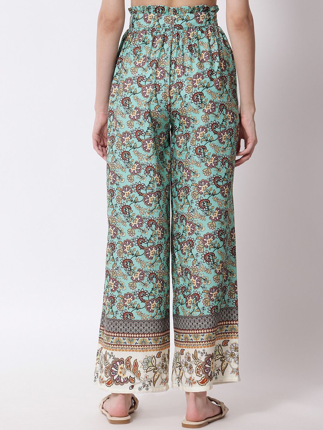 Kotty Women Green and Brown Floral Printed Relaxed Flared High-Rise Trousers