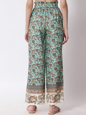 Kotty Women Green and Brown Floral Printed Relaxed Flared High-Rise Trousers