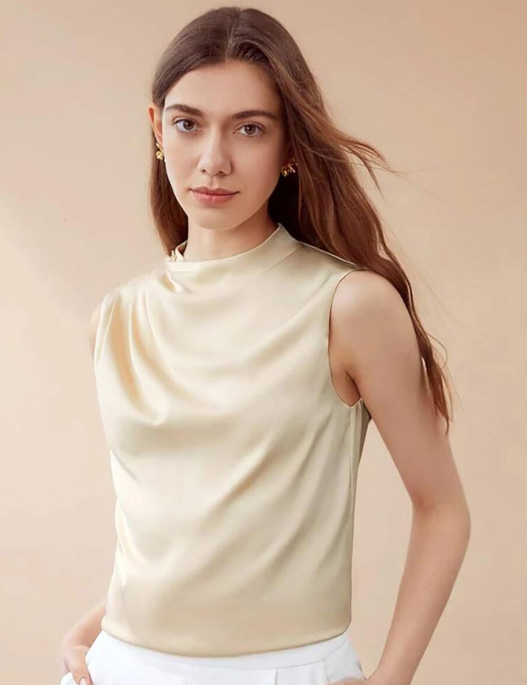 Kotty Beige High Neck Sleeveless Pleated Detail Satin Top