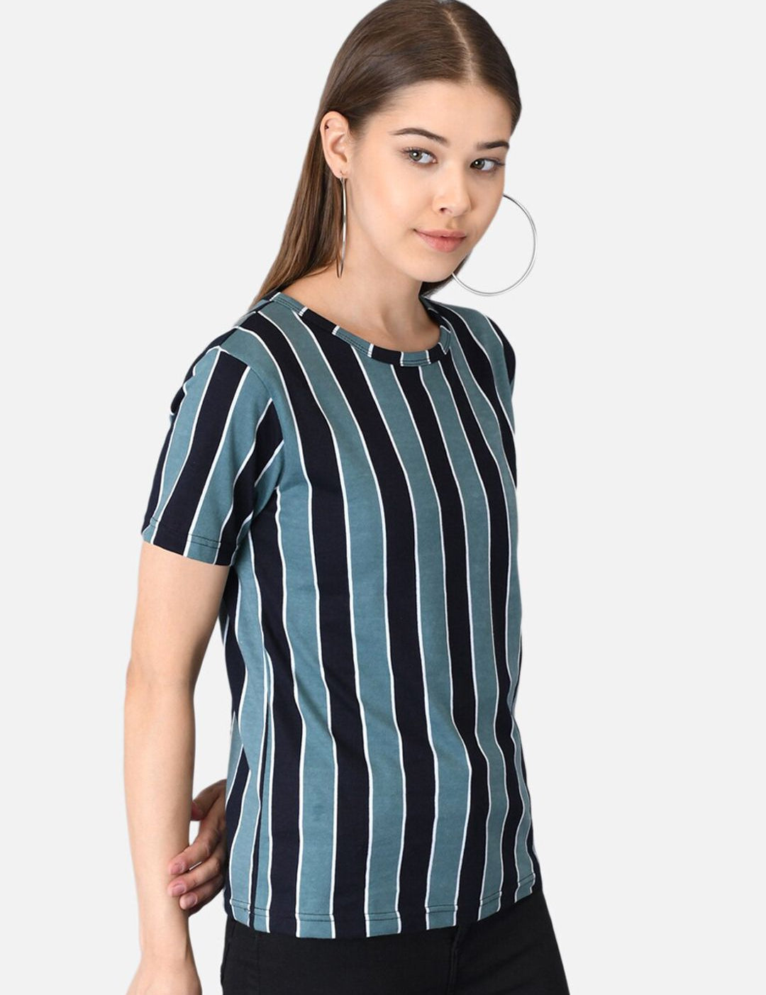 Kotty Women Blue & Black Striped Round Neck T-shirt