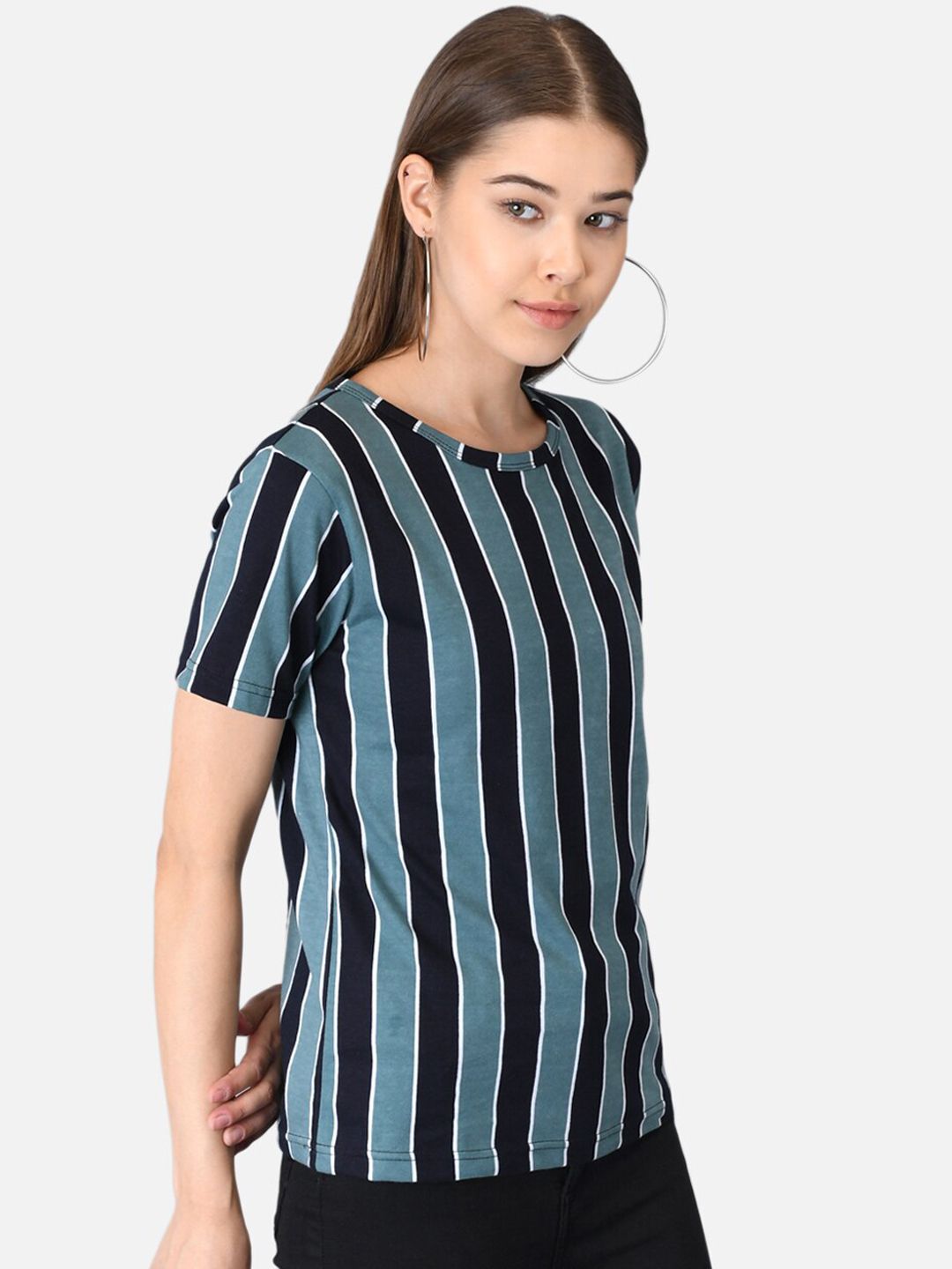 Kotty Women Blue & Black Striped Round Neck T-shirt