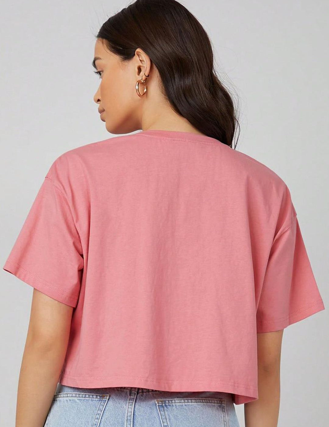 Kotty Pink Printed Round Neck Drop-Shoulder Sleeves Crop Oversized T-shirt