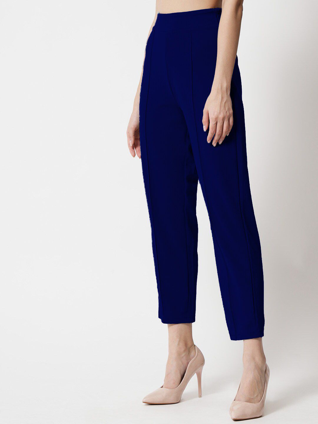Kotty Women Blue Comfort Straight Fit High-Rise Easy Wash Pleated Trousers