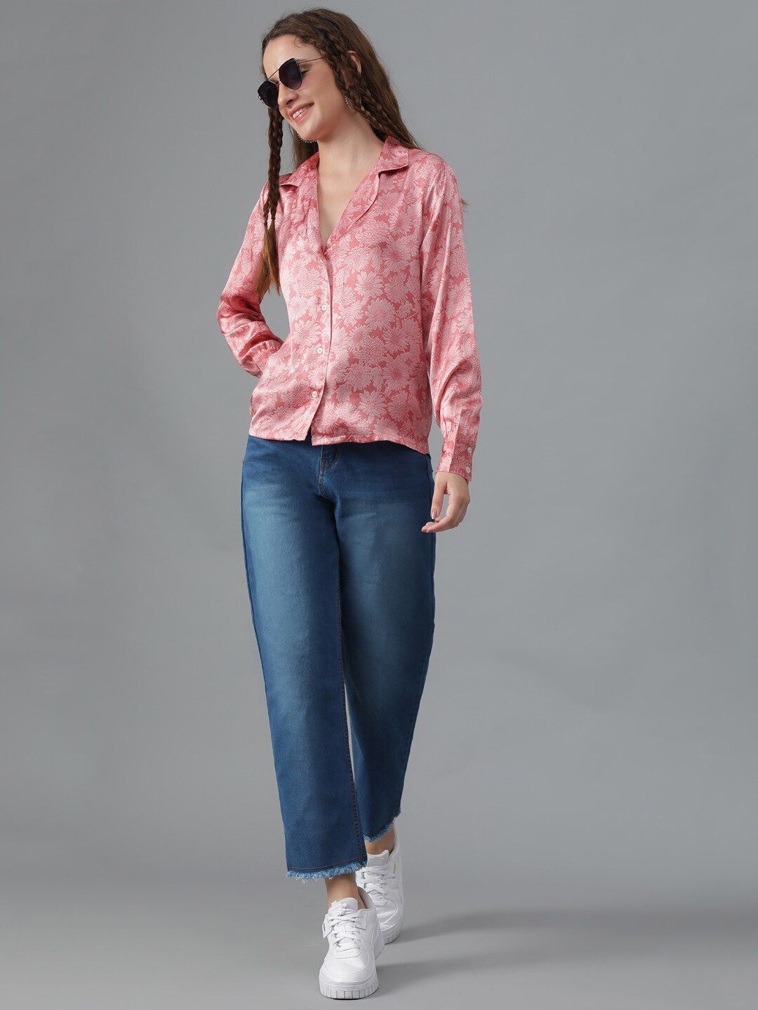 Kotty Pink Relaxed Floral Printed Cuban Collar Satin Casual Shirt