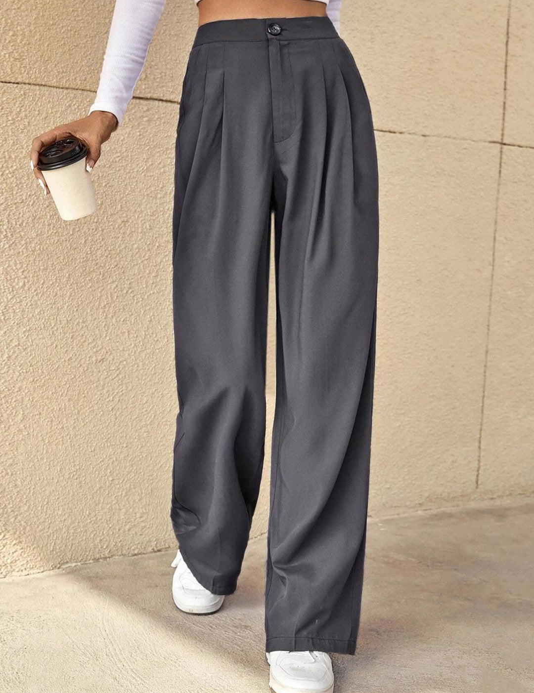 Kotty Grey Women Relaxed Straight Leg High-Rise Easy Wash Pleated Parallel Trousers