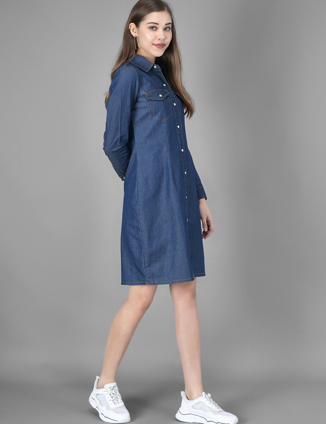Kotty Women Blue Solid Denim Shirt Dress
