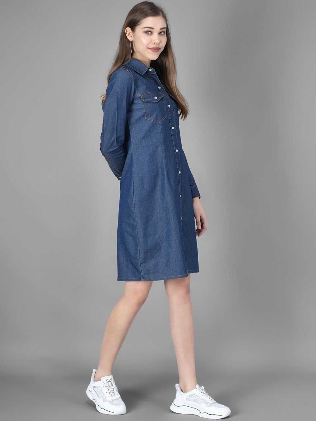 Kotty Women Blue Solid Denim Shirt Dress