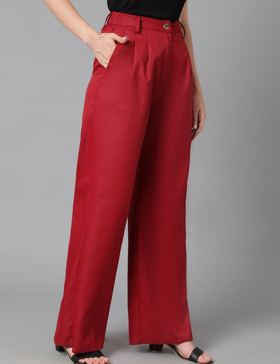 KOTTY BIZwear Women Maroon Relaxed Straight Leg Straight Fit High-Rise Easy Wash Pleated Trousers