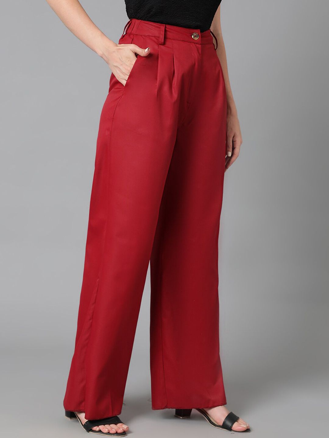 KOTTY BIZwear Women Maroon Relaxed Straight Leg Straight Fit High-Rise Easy Wash Pleated Trousers