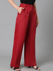 KOTTY BIZwear Women Maroon Relaxed Straight Leg Straight Fit High-Rise Easy Wash Pleated Trousers