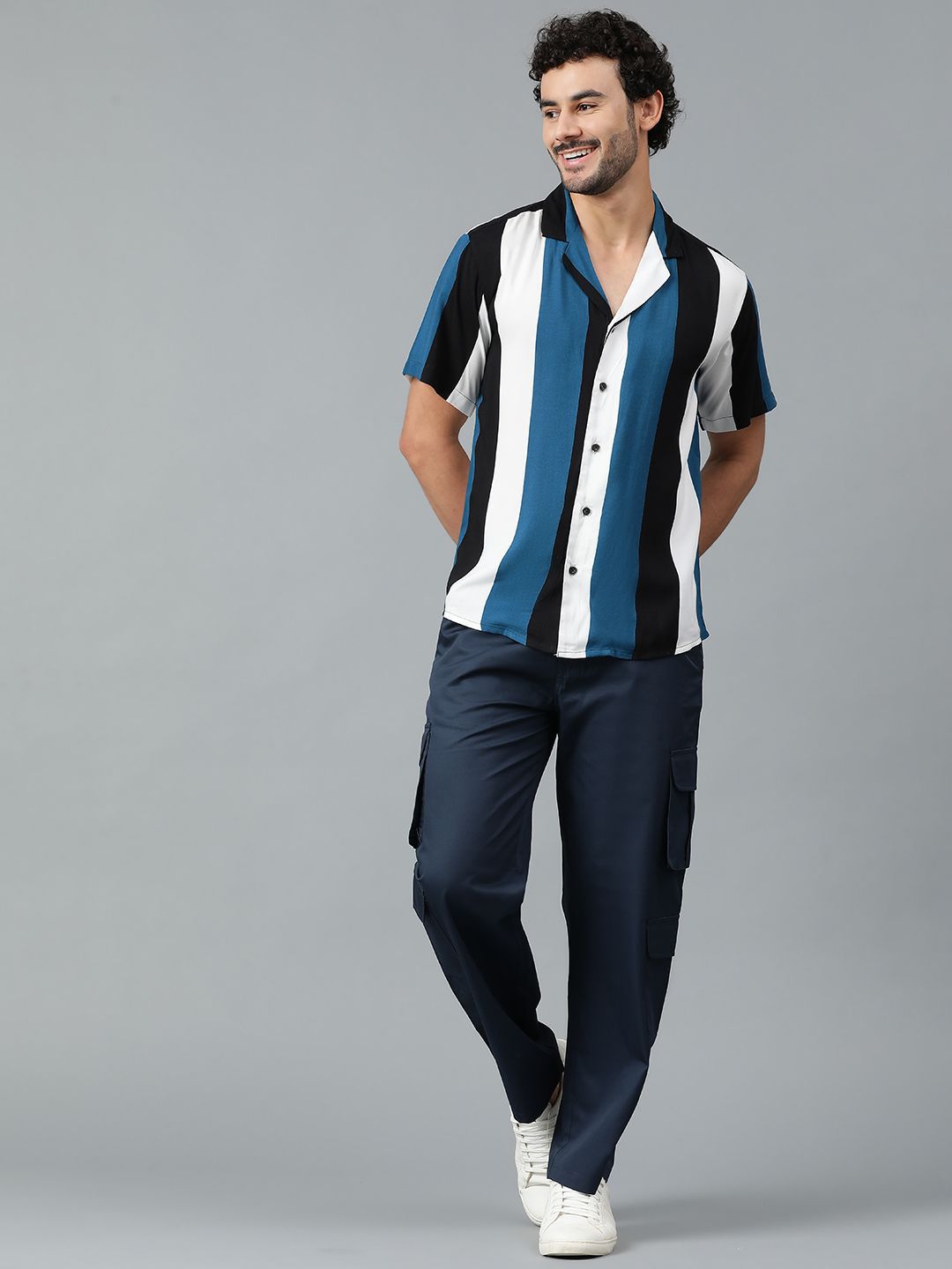 Kotty Men Cuban Collar Striped Casual Shirt