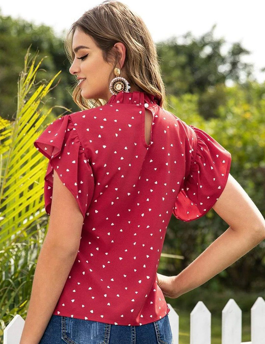 Kotty Red Conversational Printed High Neck Flutter Sleeve Regular Top