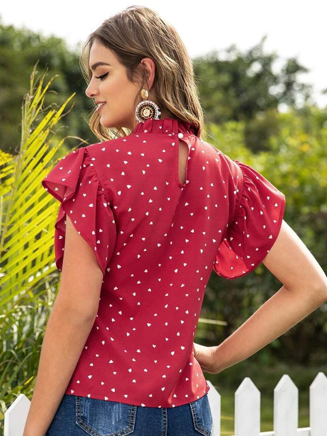 Kotty Red Conversational Printed High Neck Flutter Sleeve Regular Top